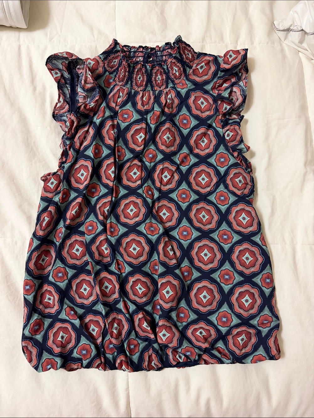 THML Navy Geometric Print Ruffle Sleeve Top